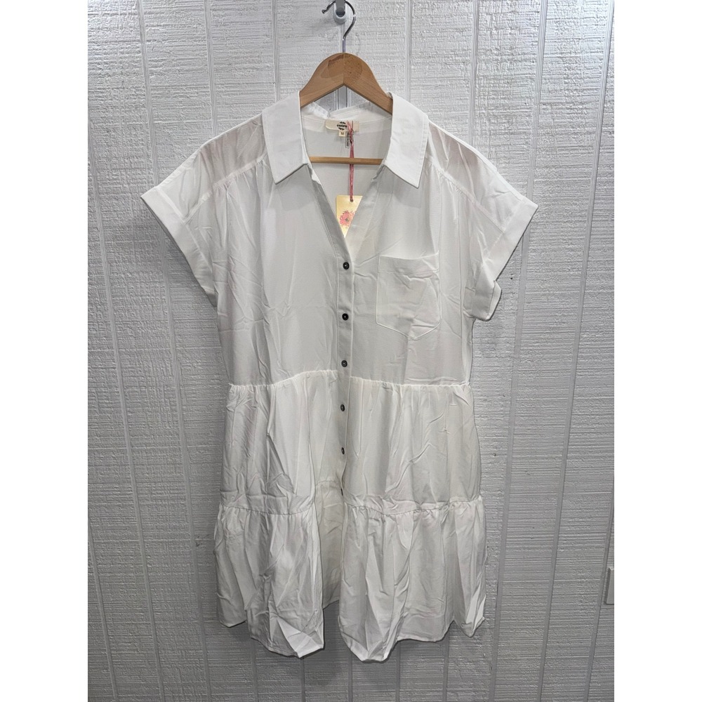 Entro Shirt Dress Women White Tiered Button Front Mini D22340 Medium